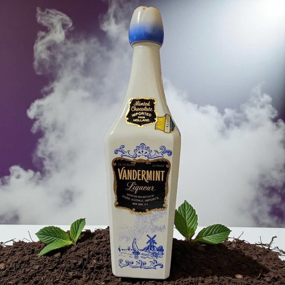 Vtg 60's Vandermint Milk Glass Liquor Bottle Delft Blue Windmills 11" Dutch